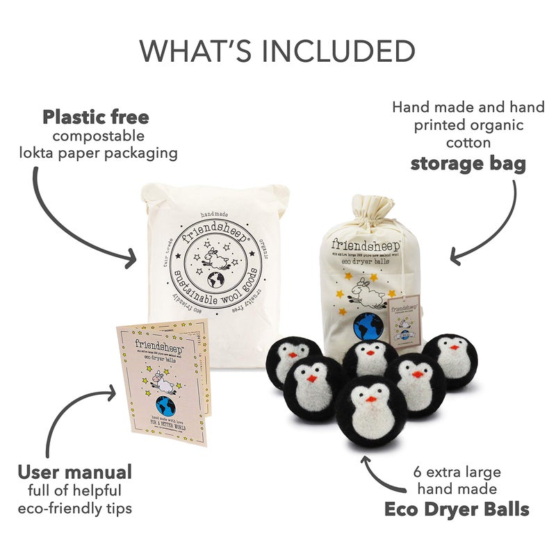 Friendsheep Wool Dryer Balls, Organic Reusable Fabric Softener Alternative for Laundry, Handmade, Fair Trade, Hypoallergenic, Eco-Friendly, Plastic-Free (6 Pack XL - Black Penguin) - Image 4